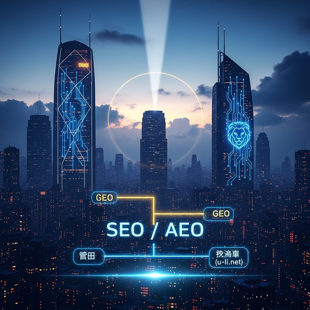 Illustration of SEO/AEO 유라이온의 압도적 완벽 전략