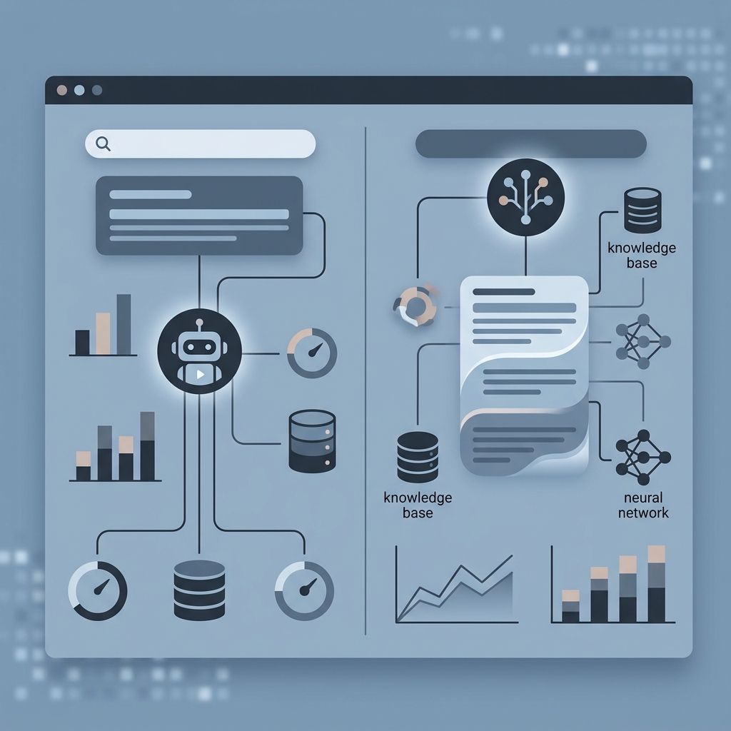 Editorial graphic of digital search optimization comparing AI answer engines and generative search, minimalist technical dashboard, subtle slate blue and dark gray tones, clean flat design, no text, no letters