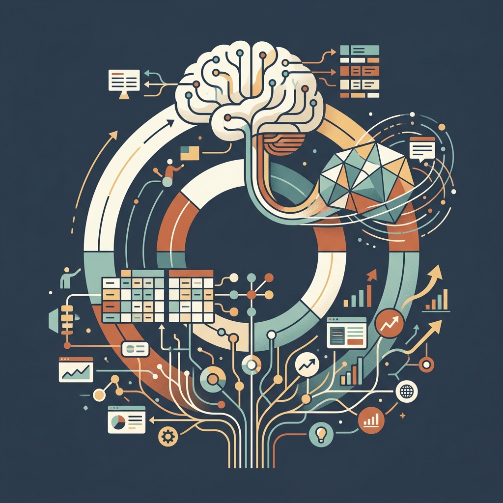 Minimalist editorial illustration of search engine optimization combining answer engines and generative AI models, structured data schemas and web visibility nodes, dark slate blue background, clean flat design, no text, no letters